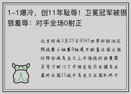 1-1爆冷，创11年耻辱！卫冕冠军被狠狠羞辱：对手全场0射正