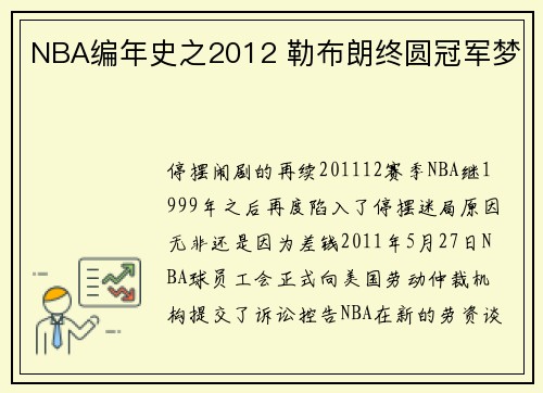 NBA编年史之2012 勒布朗终圆冠军梦